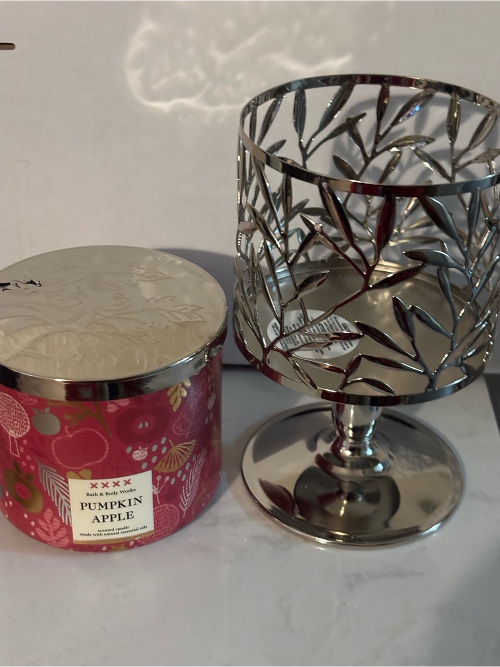 Bath & Body Works Red Pumpkin Apple Candle with Silver Decorative Metal Holder